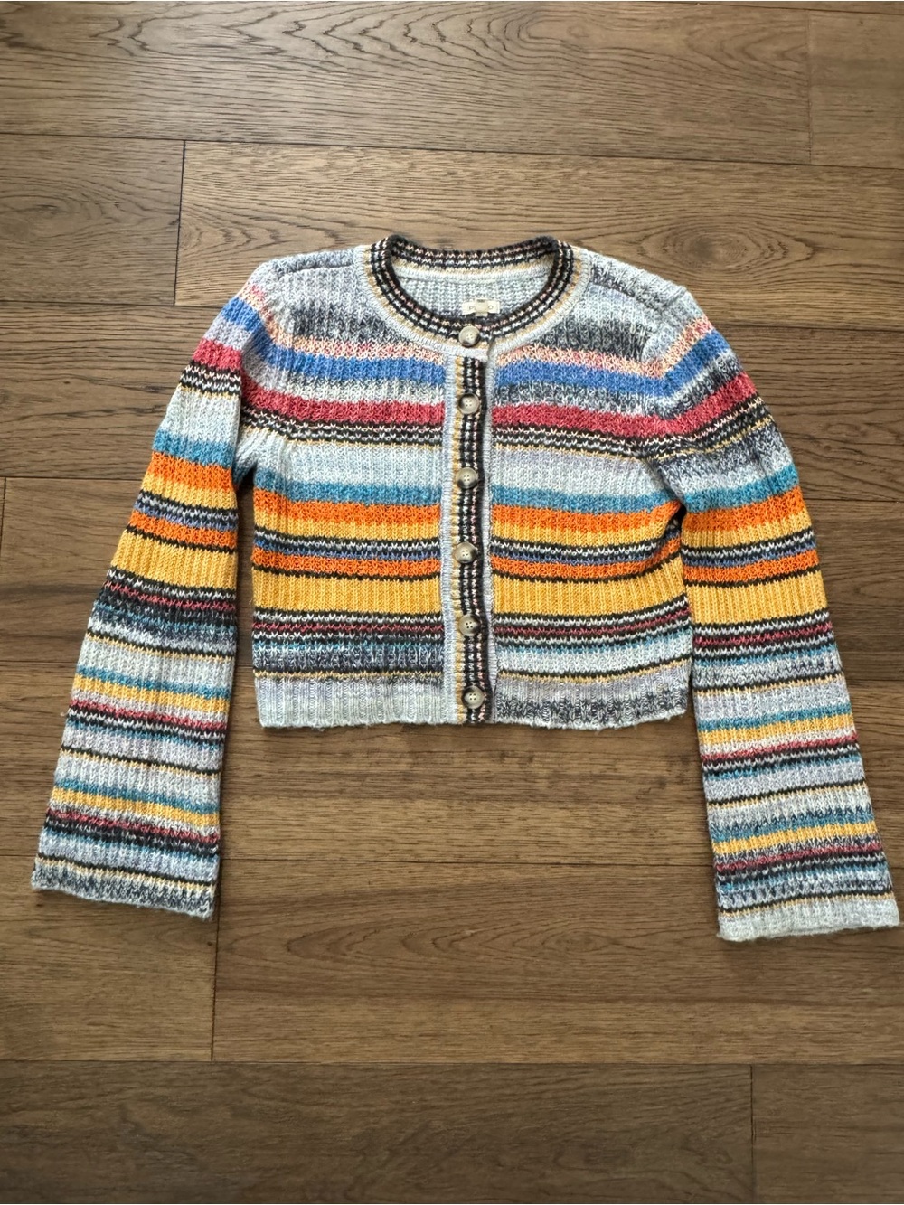 Pilcro Multicolor Striped Cropped Cardigan in Yellow, Blue, Red, Gray, Cream